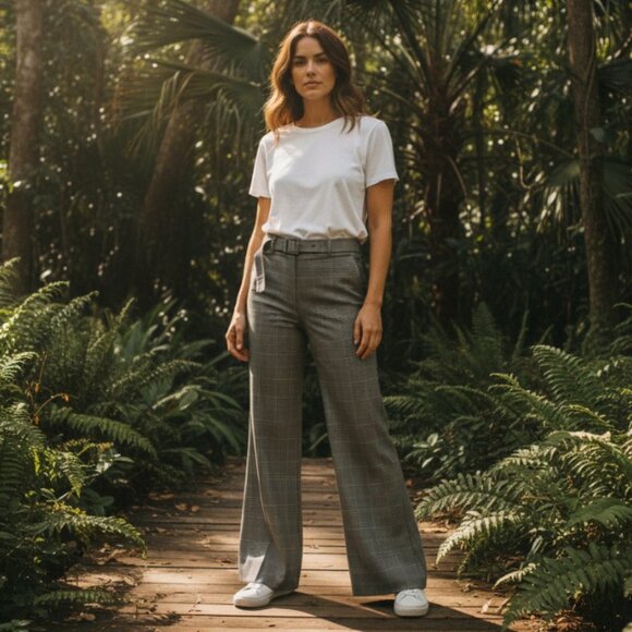 Hugo Boss Tokna Brown Taupe Plaid Strait Fit Boot Cut Optional Belt Pant, Size 2 - Picture 1 of 10